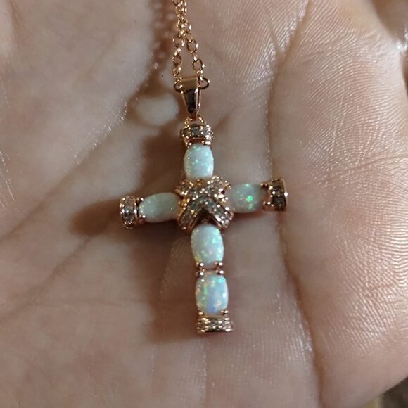 Neiman Marcus  Rose Gold Plated Opal Cross Necklace - Picture 2 of 6